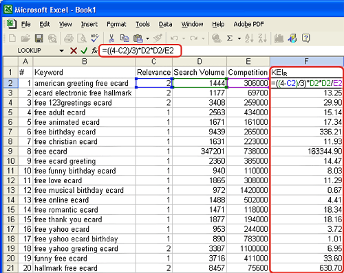 Index in Excel worksheet