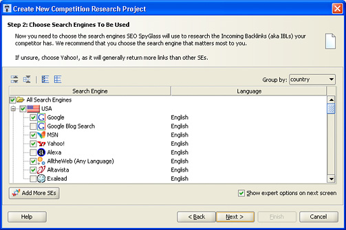 Search Engine choice in SEO SpyGlass