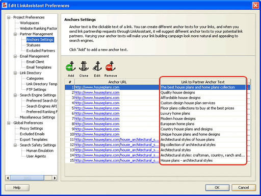 Anchor texts management facility in LinkAssistant
