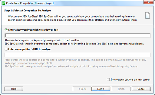 Creating a new project in SEO SpyGlass