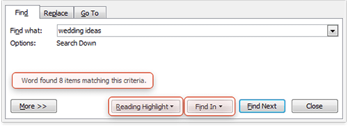 Statistics for the words found in the document